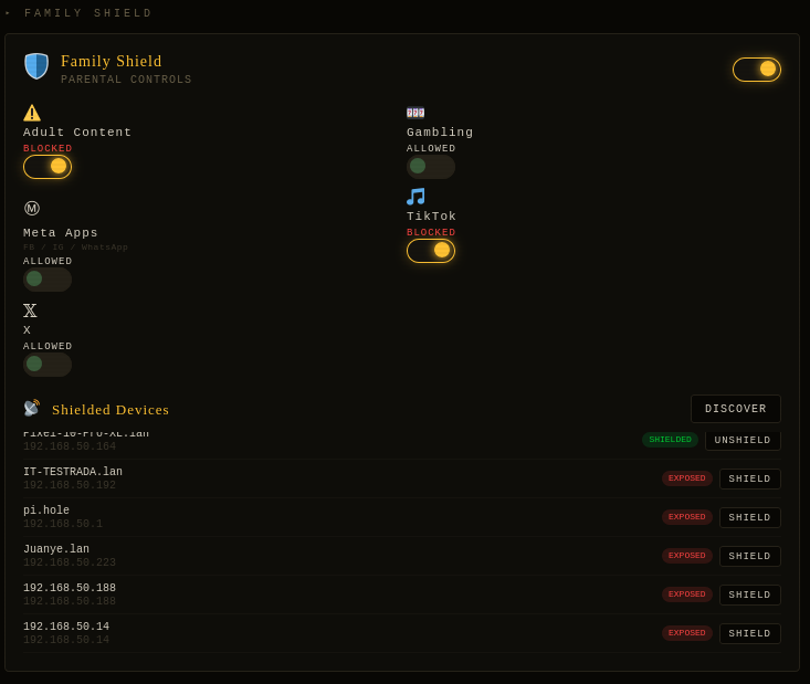 GhostPort Family Shield — per-device parental controls blocking TikTok, Meta, gambling, adult content