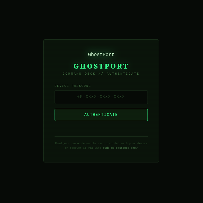 GhostPort Login — passcode-based authentication screen